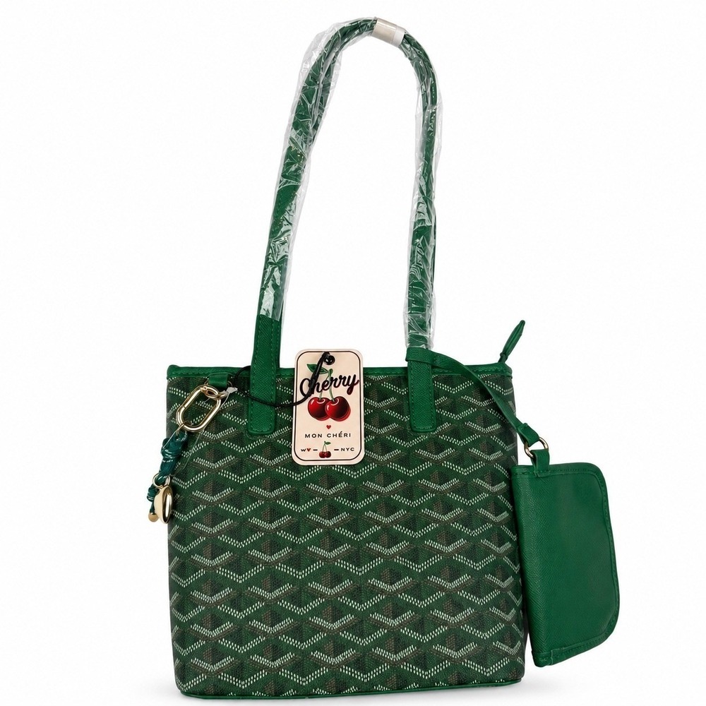 Cherry Mon Cheri Green Chevron Tote Bag with Pouch and Charm New